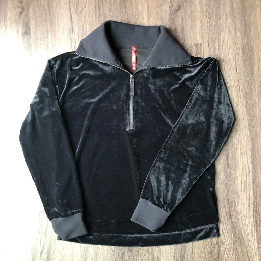 Spanx Velvet Half-Zip Sweatshirt Black Size Medium Stretch Easy - Picture 2 of 9